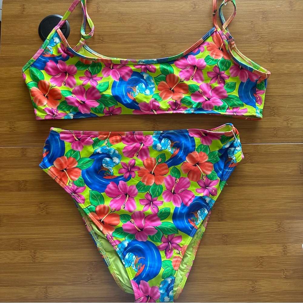 Frankies Bikinis Neon Surfer Dallas Floral Bralette Bikini Top and Bottom